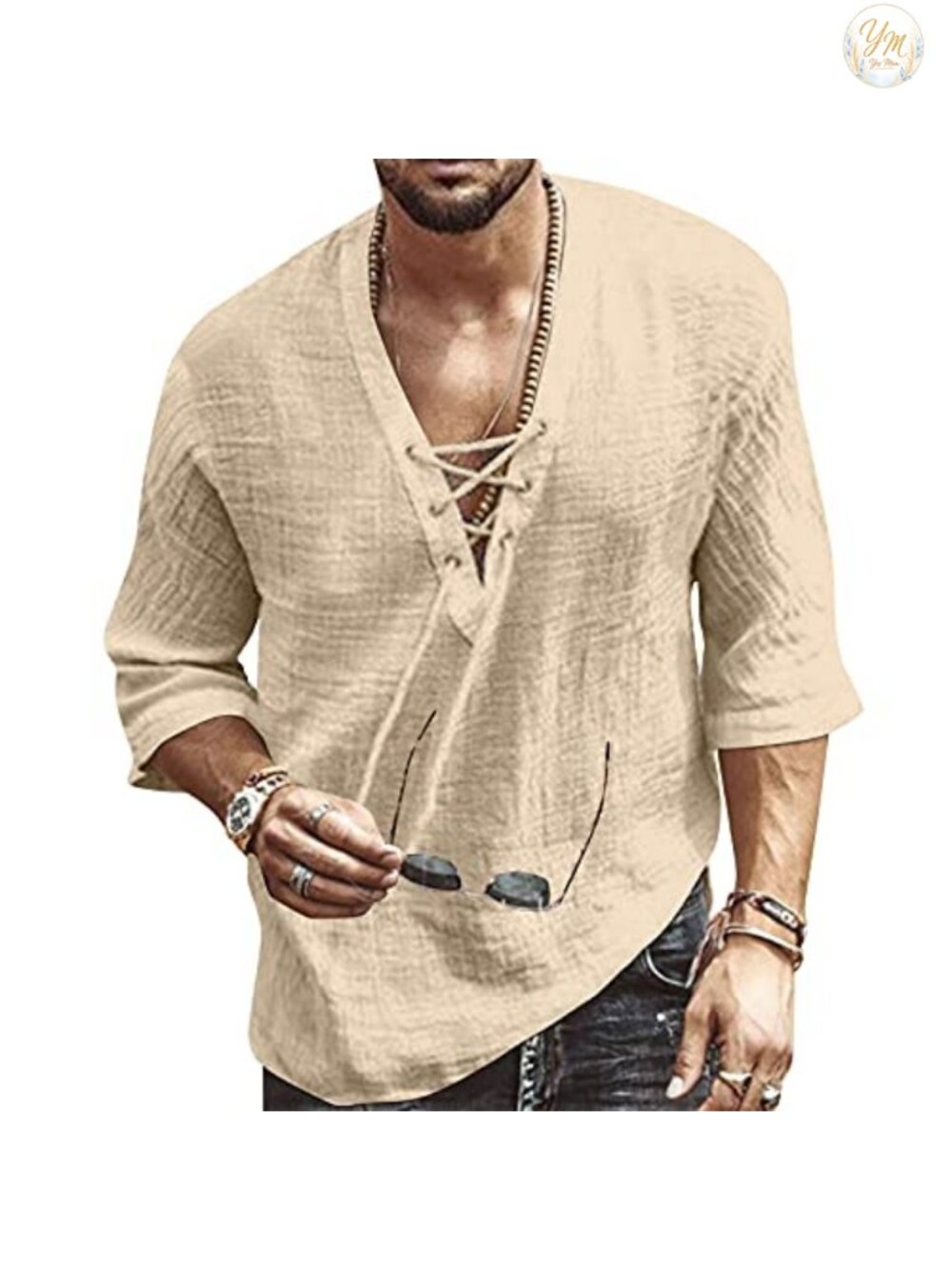 Men's Linen Cotton Short Sleeve V-Neck Drawstring Shirt Loose Fit Yoga Beach Top
